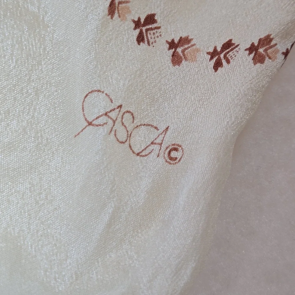 Vintage Casa Japan Silk Wool Floral Scarf Cream Ivory Romantic Boho Fringe‎